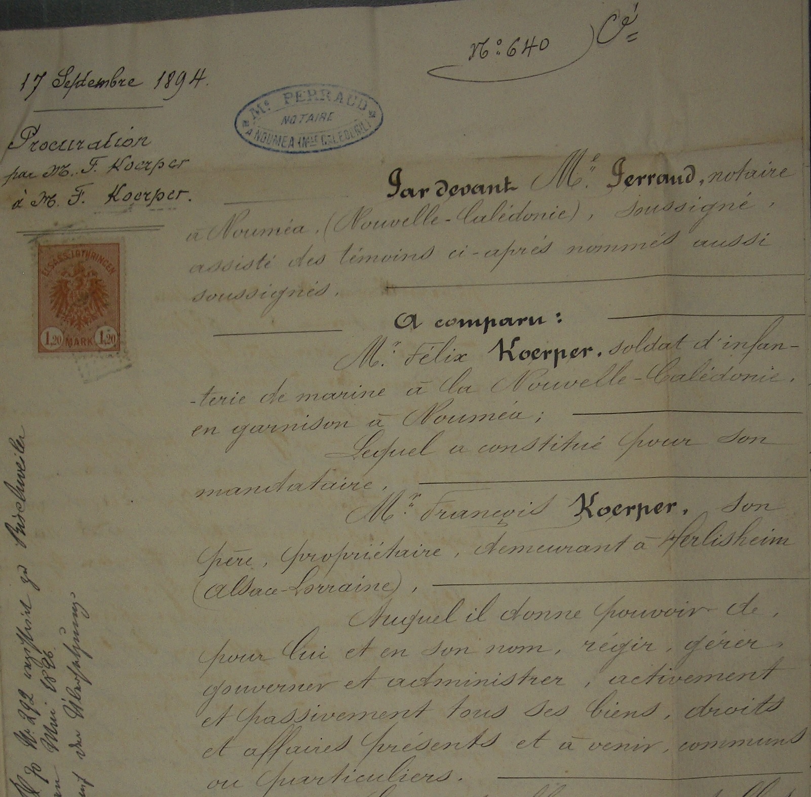 Acte de procuration du 17 septembre 1894 à Nouméa